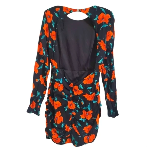 Zara Open Back Long Sleeve Ruched Mini Dress Black Orange Floral Print Size Med - Picture 3 of 15